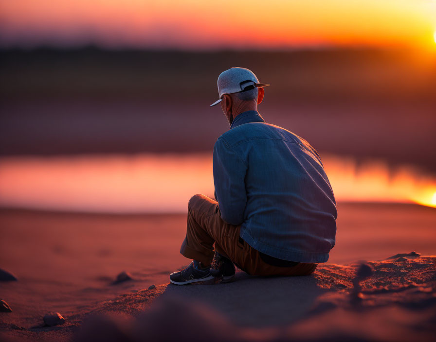 Person sitting on sand watching sunset in casual attire and cap.