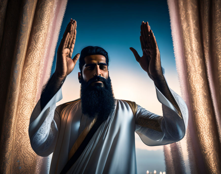 Bearded man in traditional attire with raised arms, against curtains and blue sky