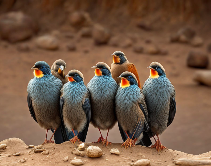 Seven Birds with Vibrant Blue Plumage and Orange Throat Patches Perched on Sandy Surface