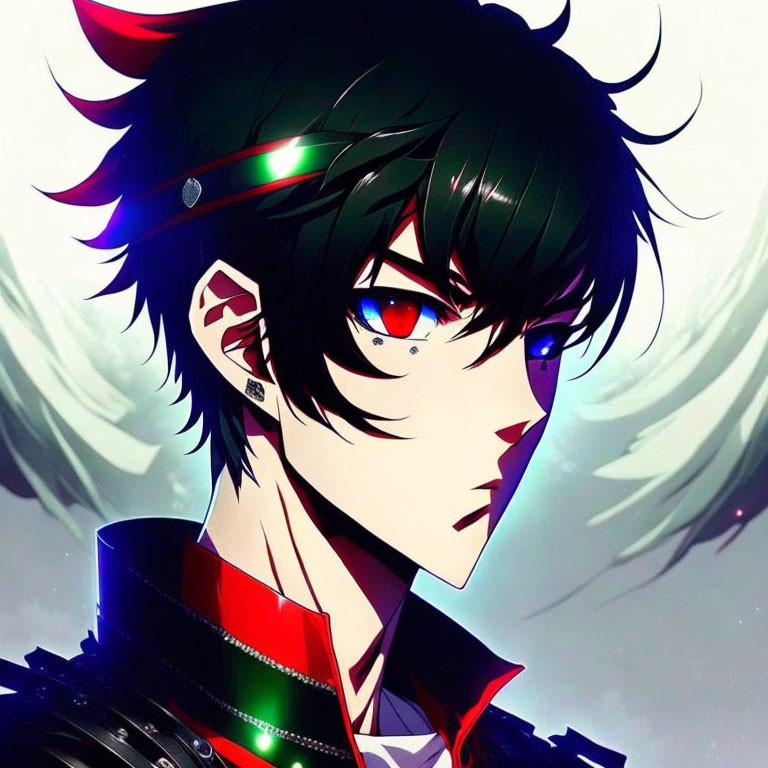 Stylized anime character with black hair, red and blue eyes, headset, and dark jacket