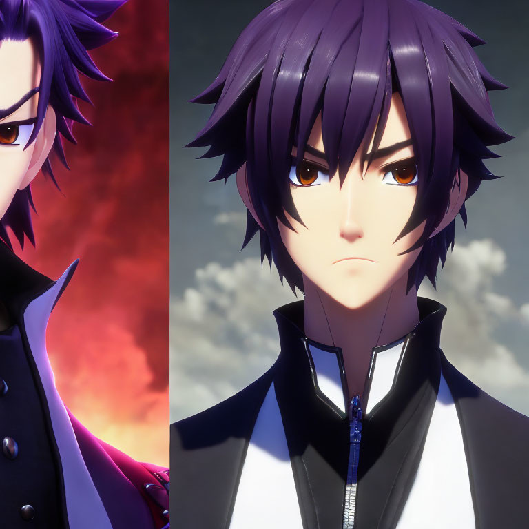 Split Image: Animated Character with Purple Hair and Orange Eyes