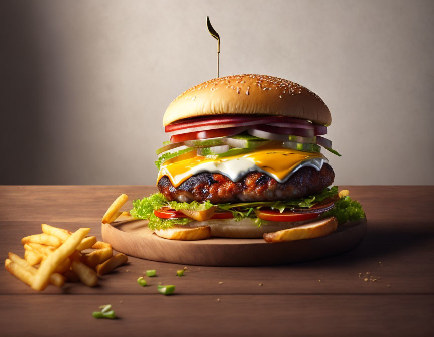 Classic Burger with Cheese, Lettuce, Tomato, Onions, and Fries