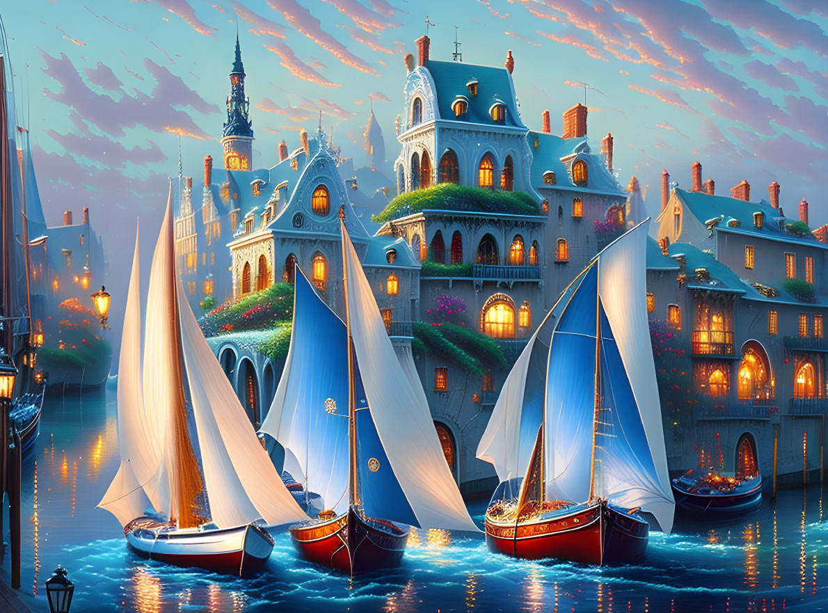 Sailboats with white sails near elegant buildings under a pink and blue dusk sky