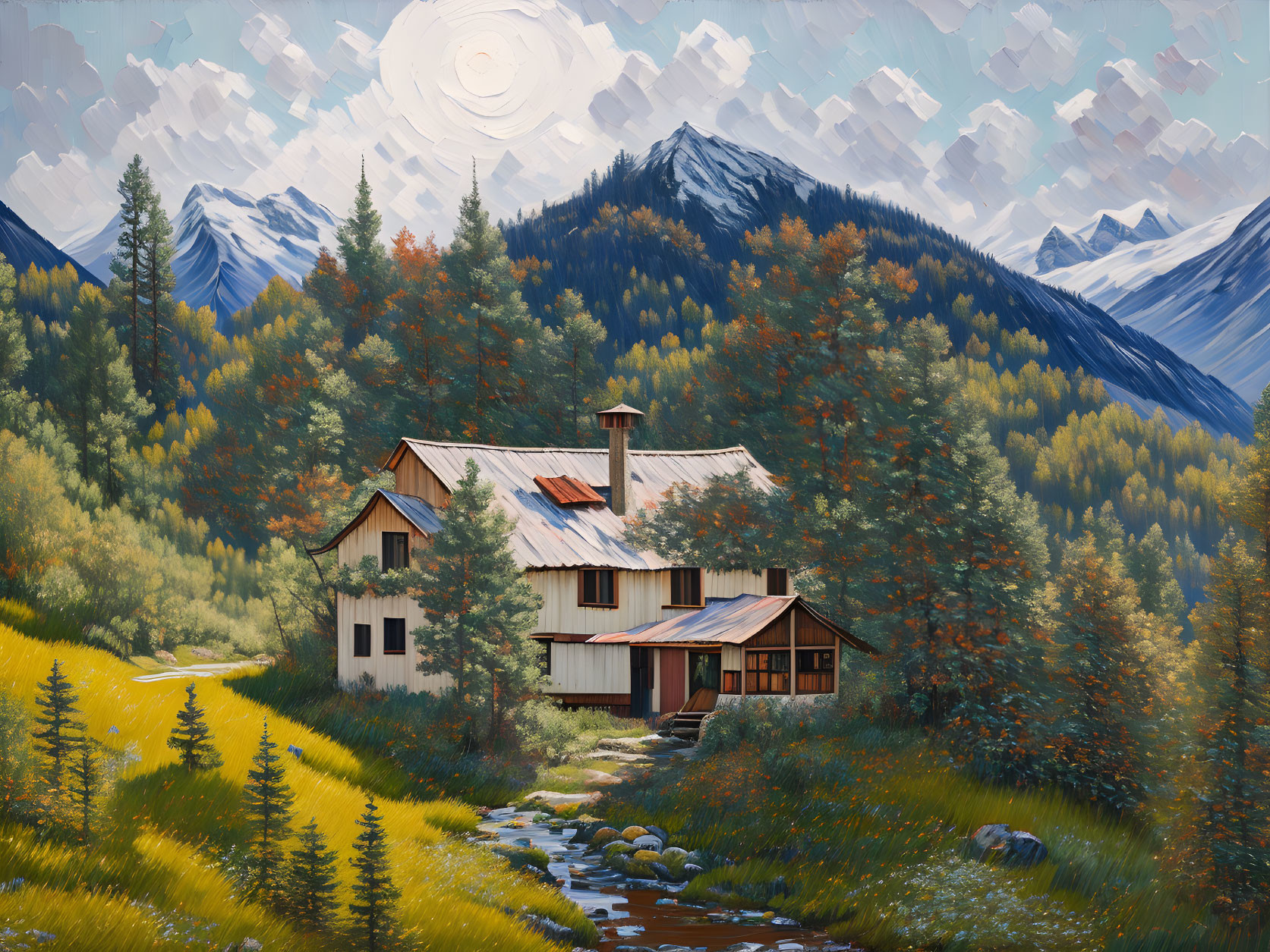 Tranquil autumn landscape with house, trees, mountains, and stream