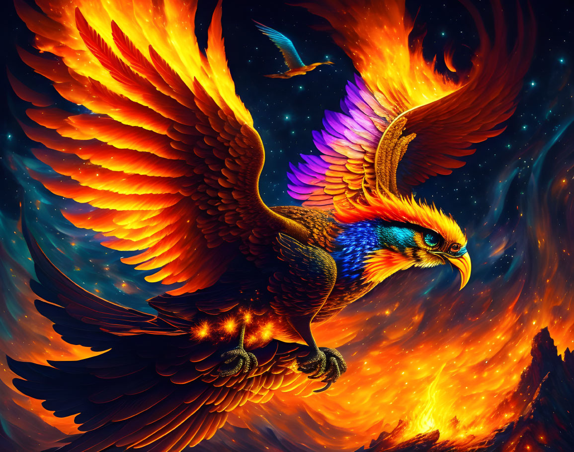 Colorful Phoenix with Outstretched Wings in Cosmic Background