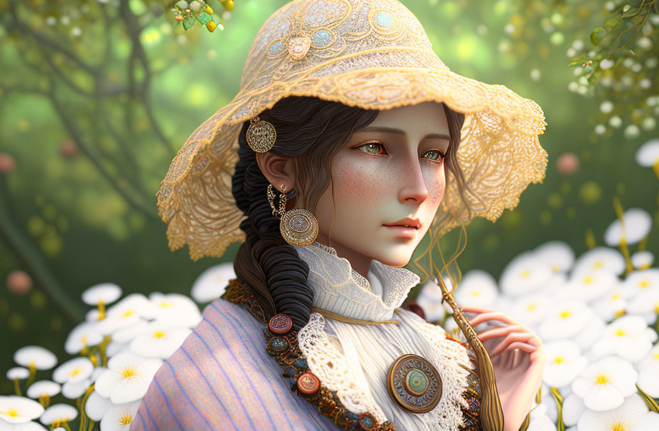 Digital artwork: Young woman with braided hair in wide-brimmed hat and vintage dress among d