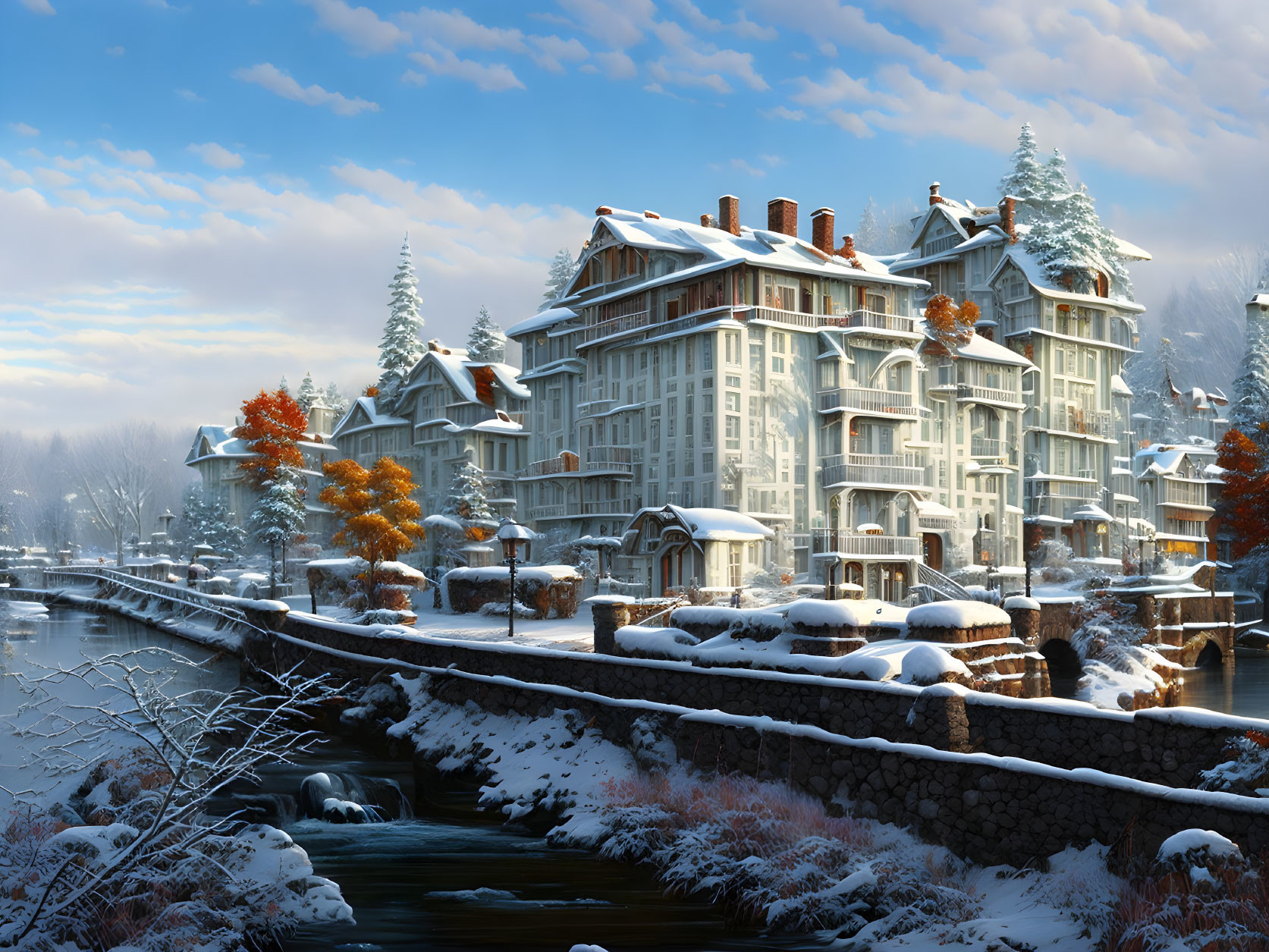 Winter landscape: snow-covered buildings, river, autumn trees, clear sky