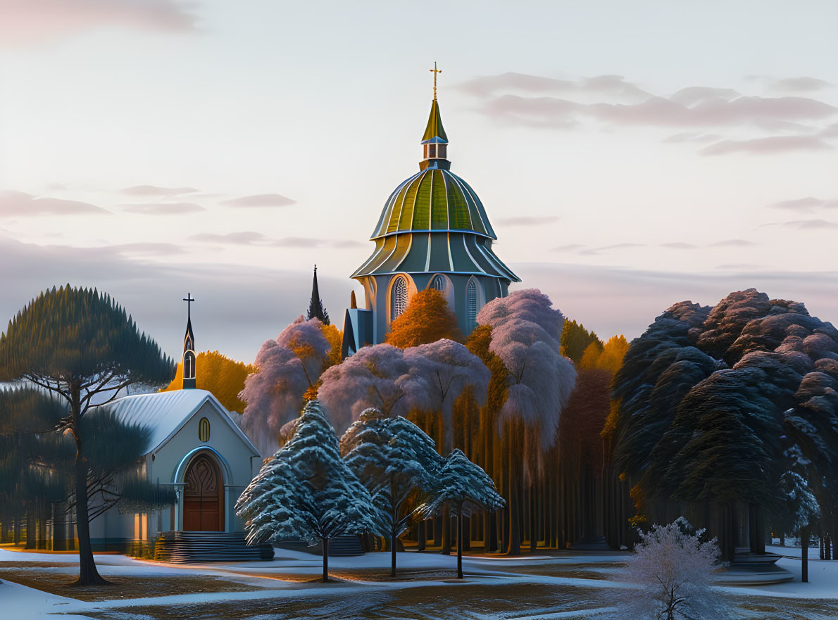 Serene landscape with church, green dome, autumn trees, sunset sky