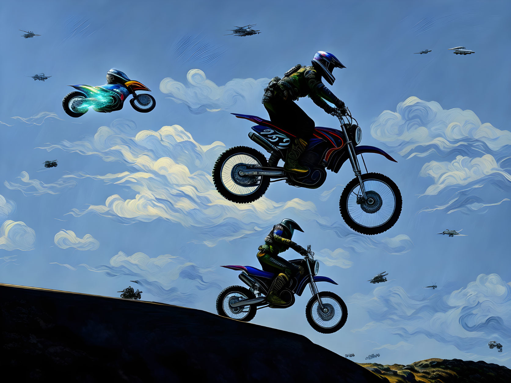 Motocross riders jumping over hill with surreal sky and birds.