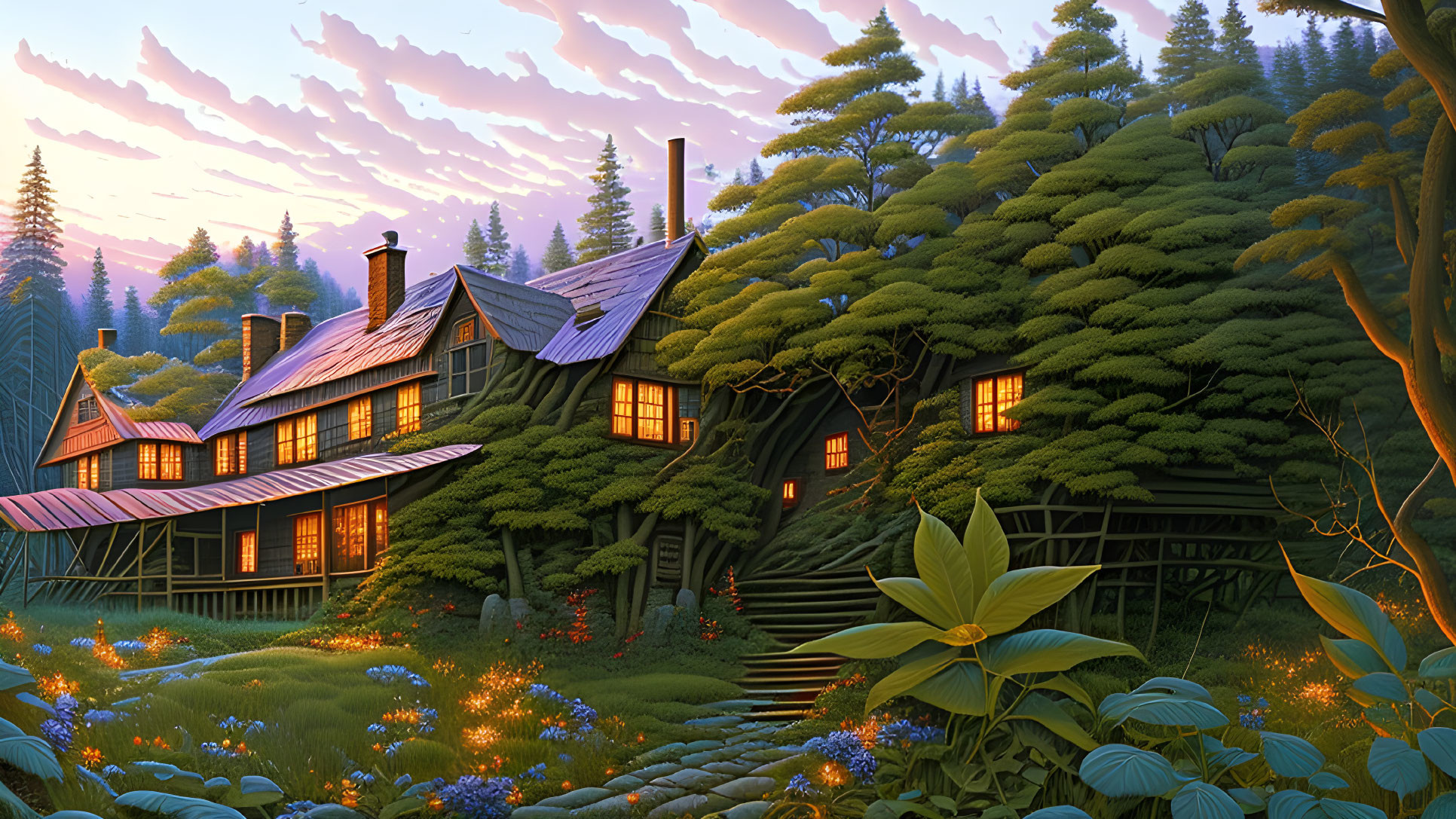 Cozy cottage in lush greenery with warm light and twilight sky