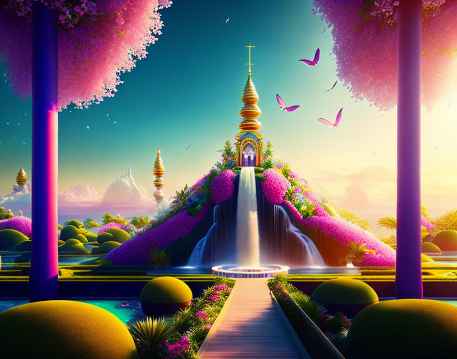 Fantasy landscape with waterfall, temple, butterflies, and twilight sky