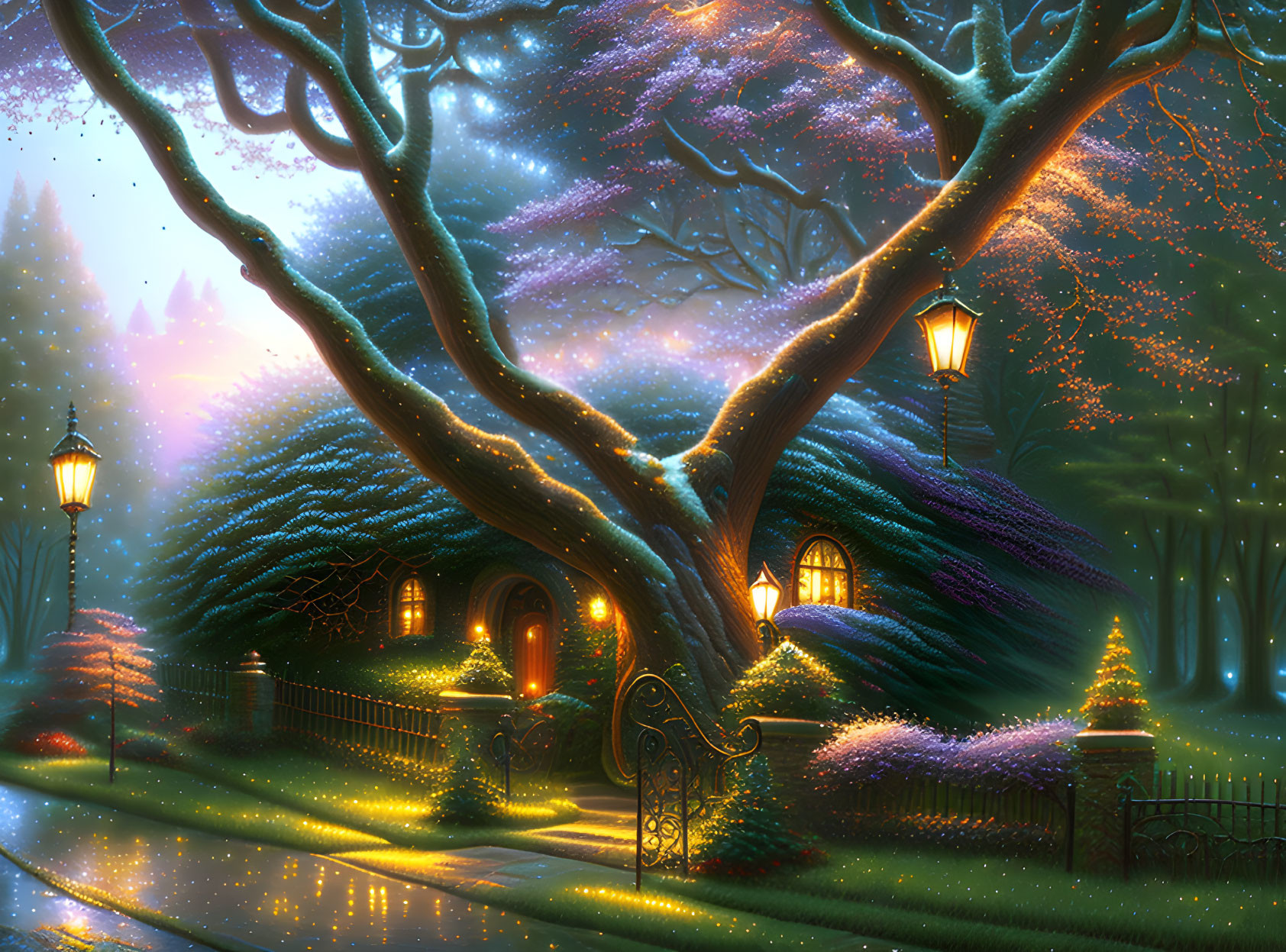 Fantasy landscape with magical tree and glowing lamps at dusk