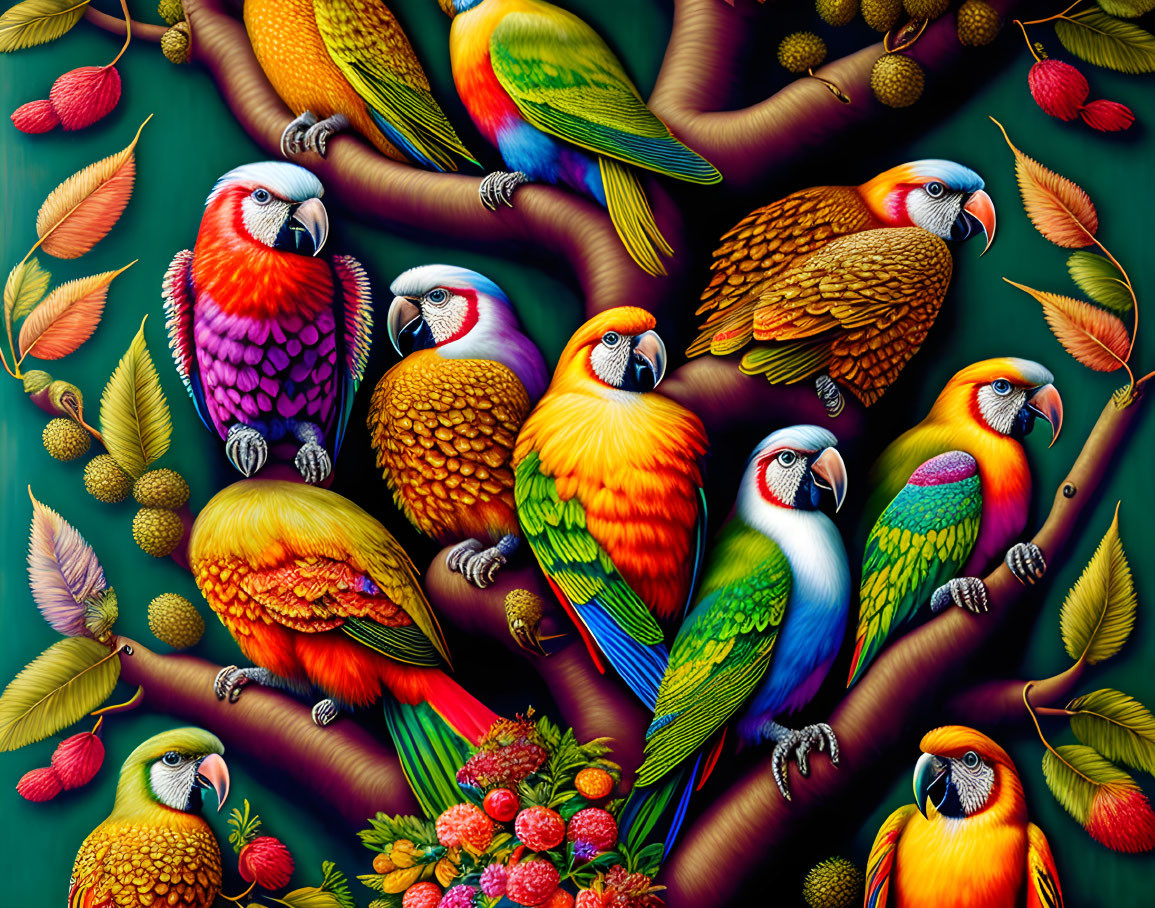 Multiple Parrots Illustration Perched on Branches with Vibrant Feathers