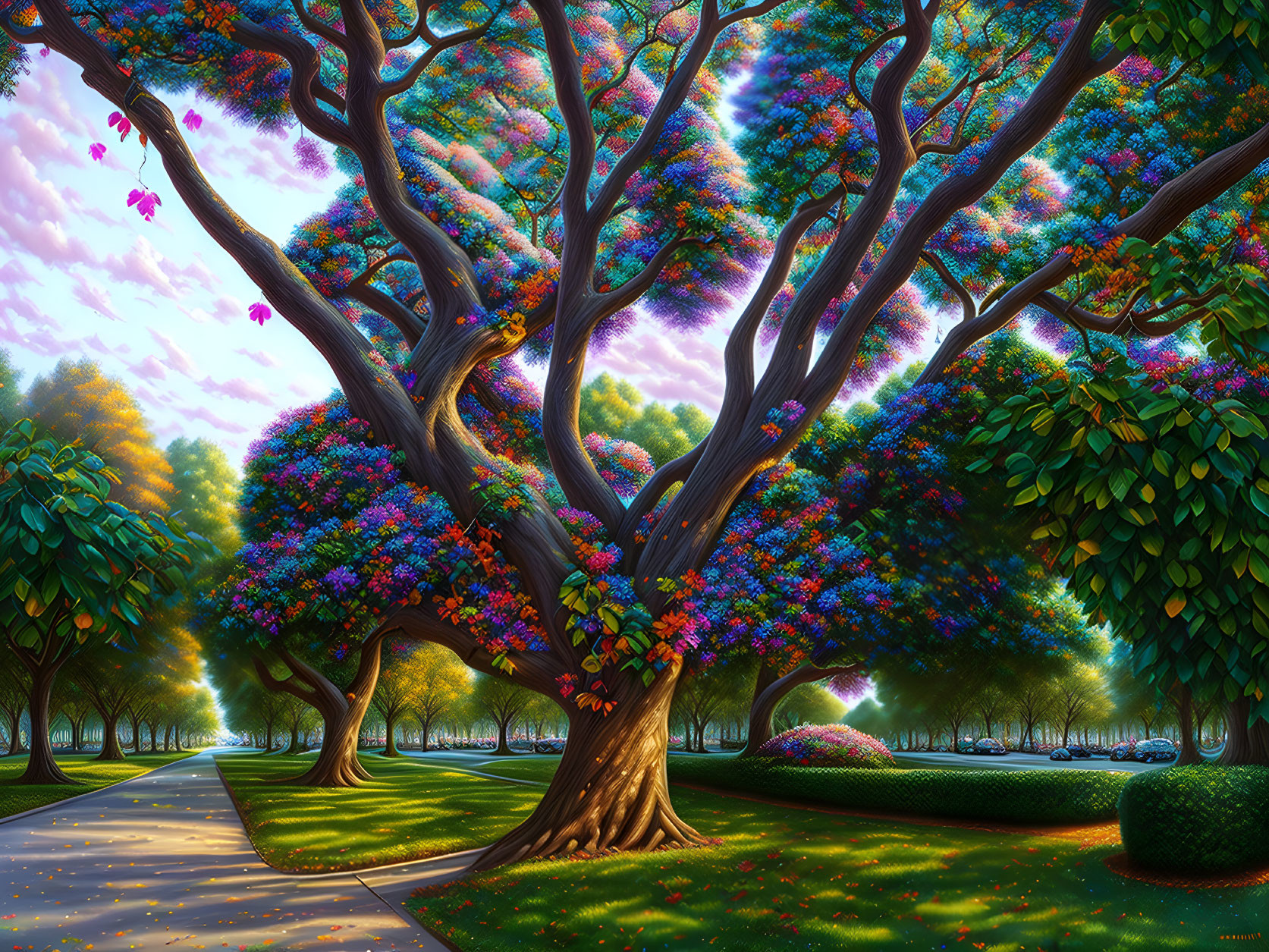 Colorful artwork: Fantastical tree with rainbow leaves in lush park