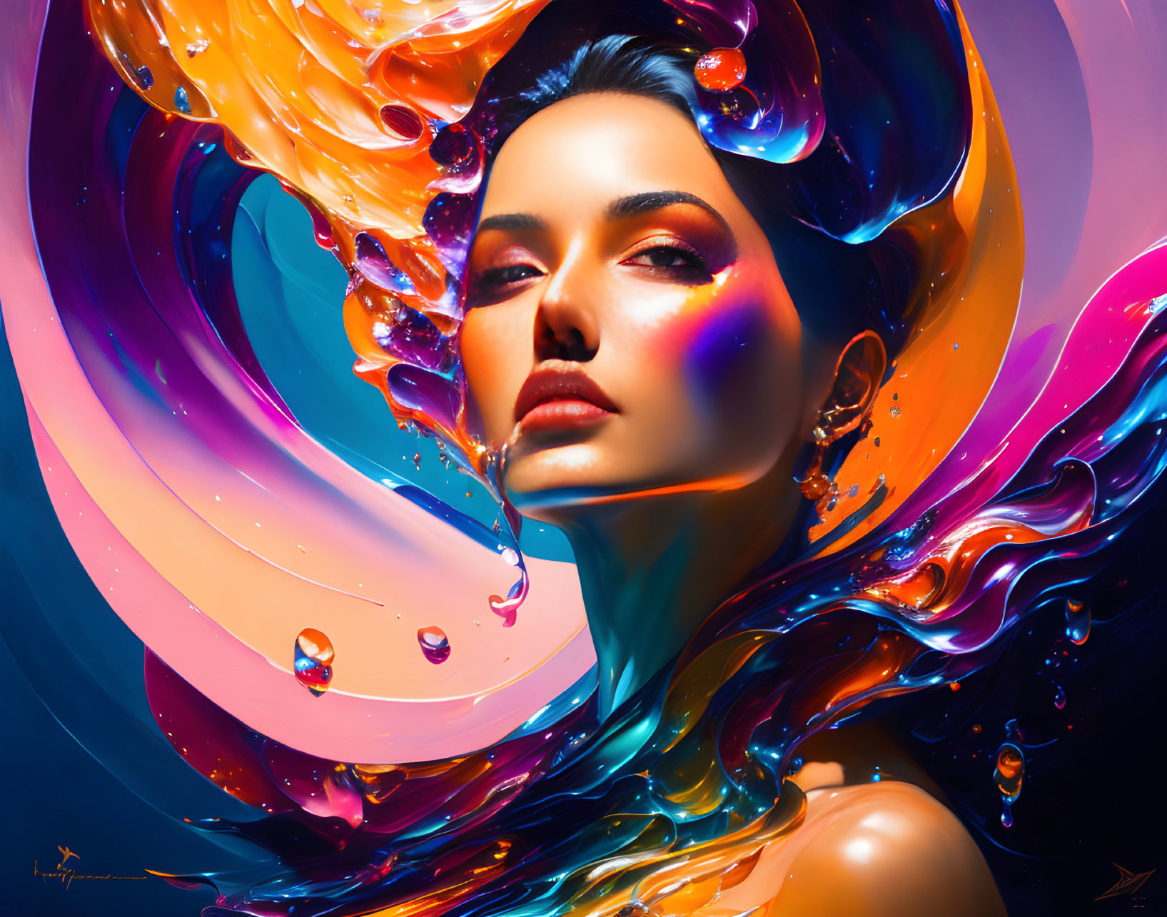 Portrait of a woman with vibrant orange, blue, and pink swirls