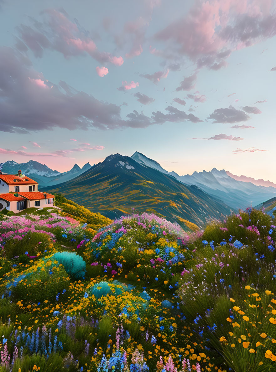 Colorful hillside garden with flowers, solitary house, mountains, pastel sunset sky