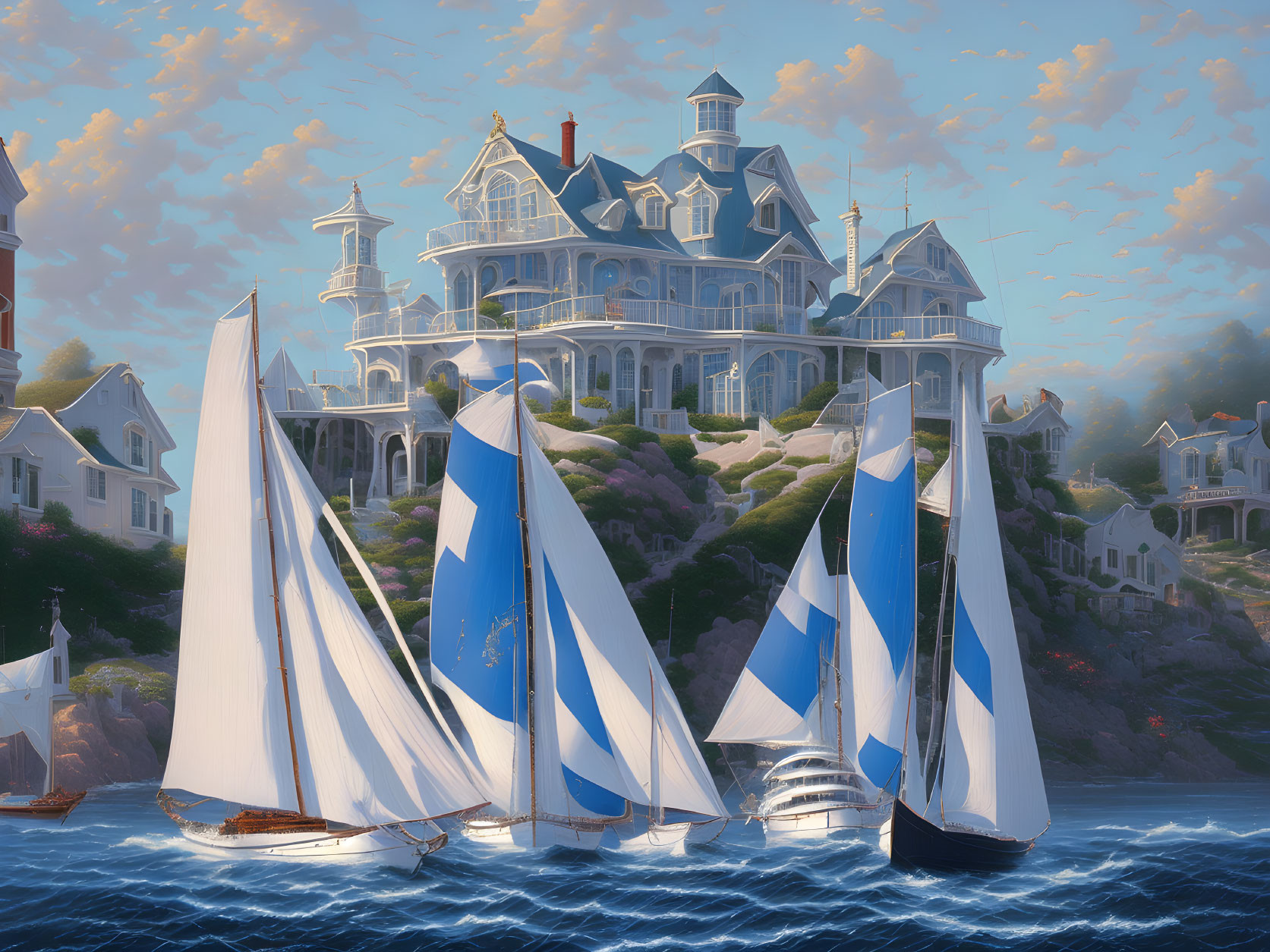 Victorian mansion by serene water with sailing boats