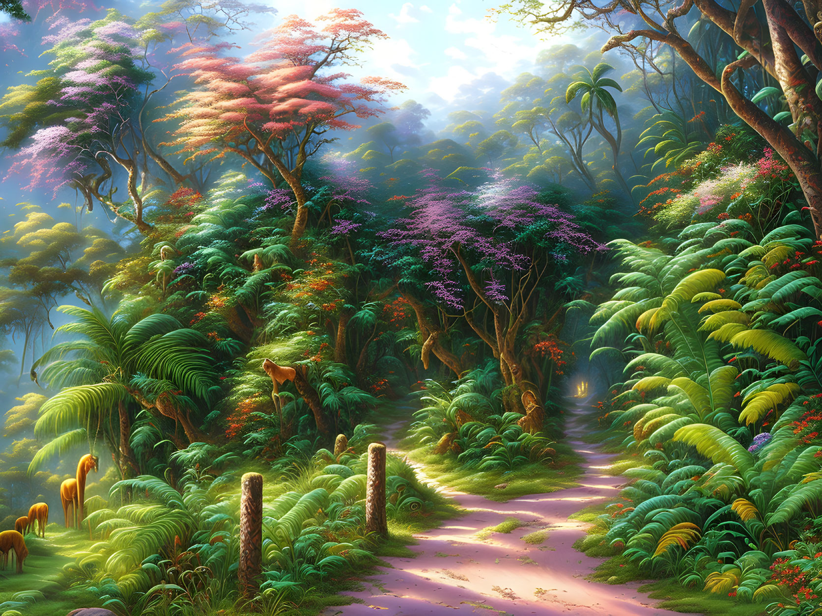 Lush forest scene with colorful blossoming trees and verdant ferns