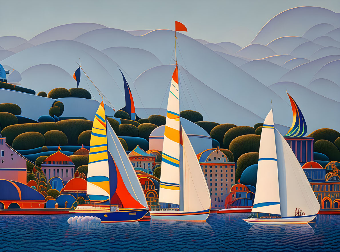 Vibrant sailboats race near whimsical coastal town