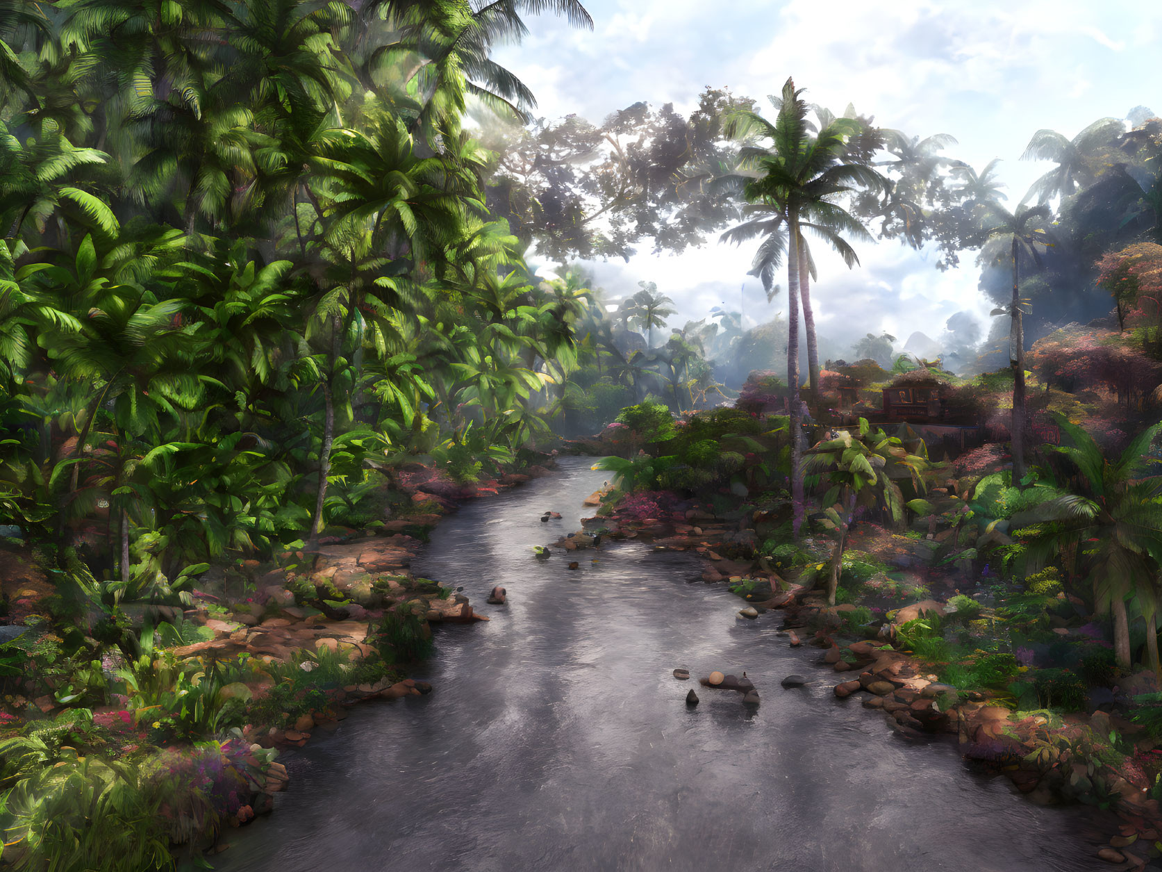 Tranquil Tropical River with Forests and Sunlit Hut