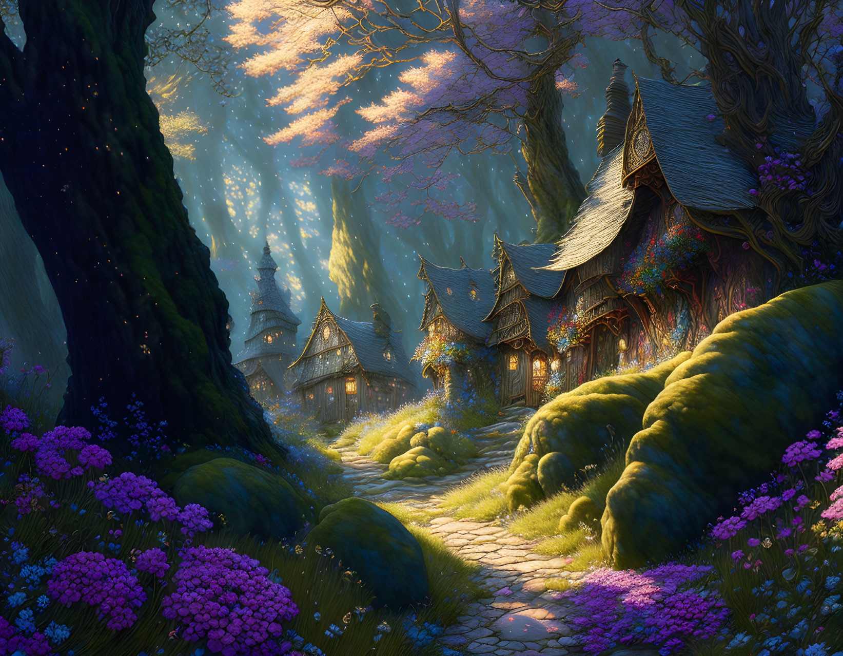 Twilight scene of enchanted forest glade with cottages, flowers, cobblestone path, and