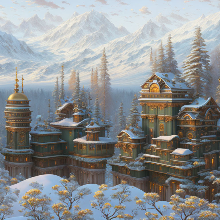 Intricate wooden buildings in snowy mountain landscape