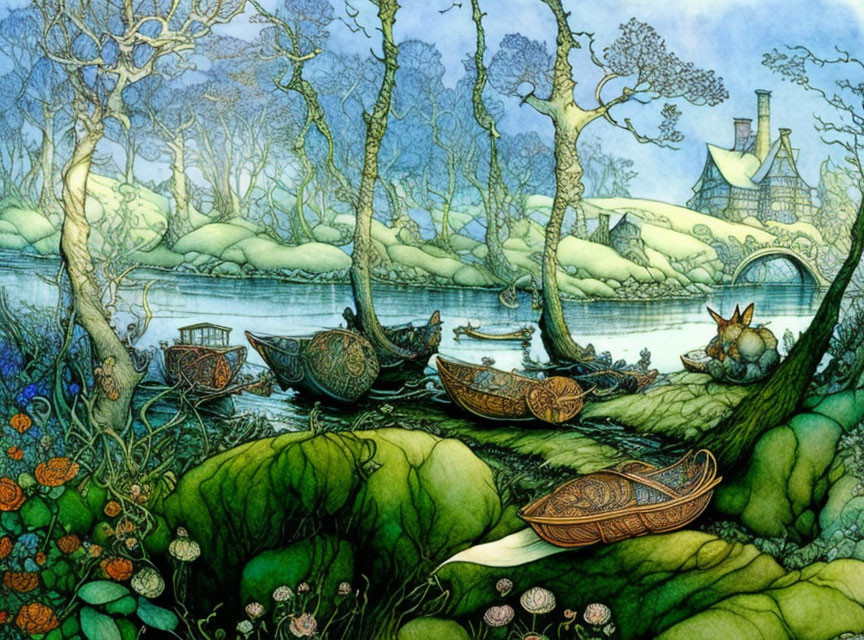 Fantasy illustration of boats by riverbank and cottage in fairy tale style