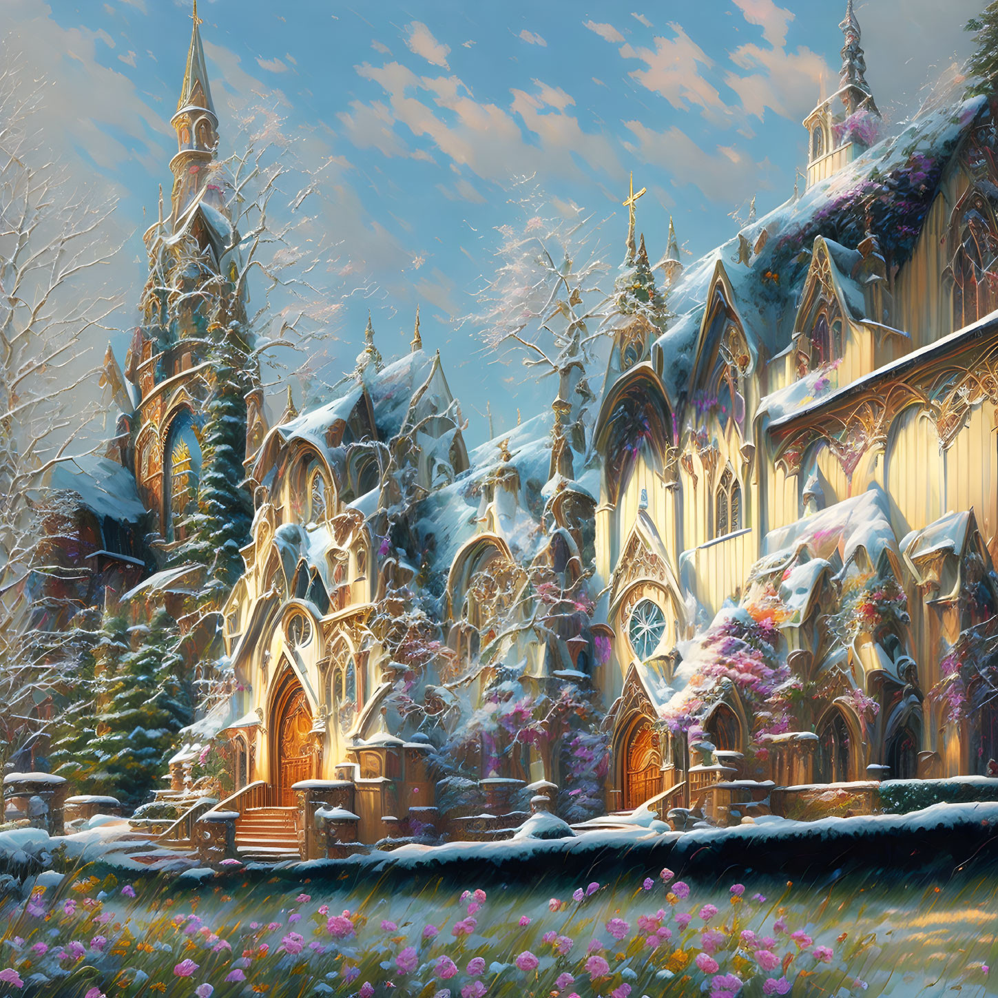 Snow-covered castle with winter flowers under clear sky