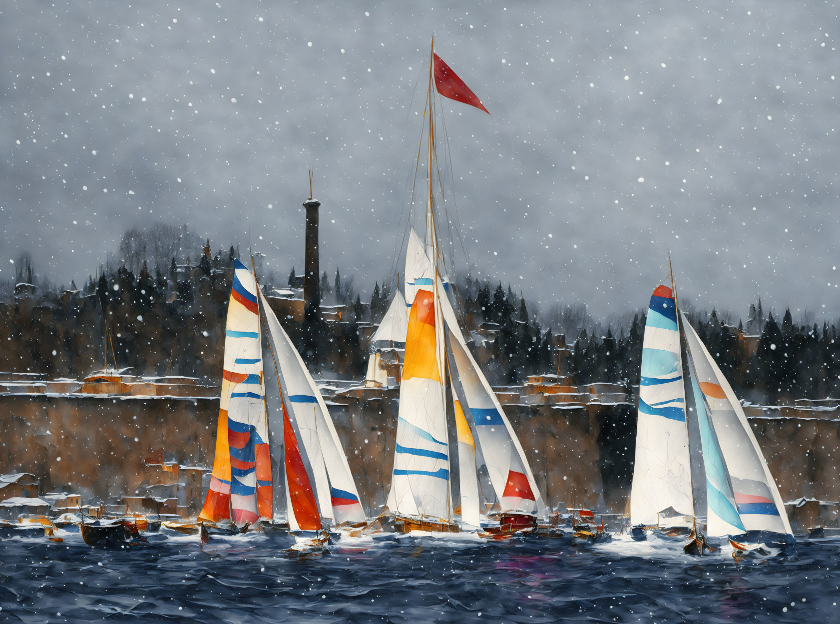 Vibrant sailboats race on blue sea under snowy sky.