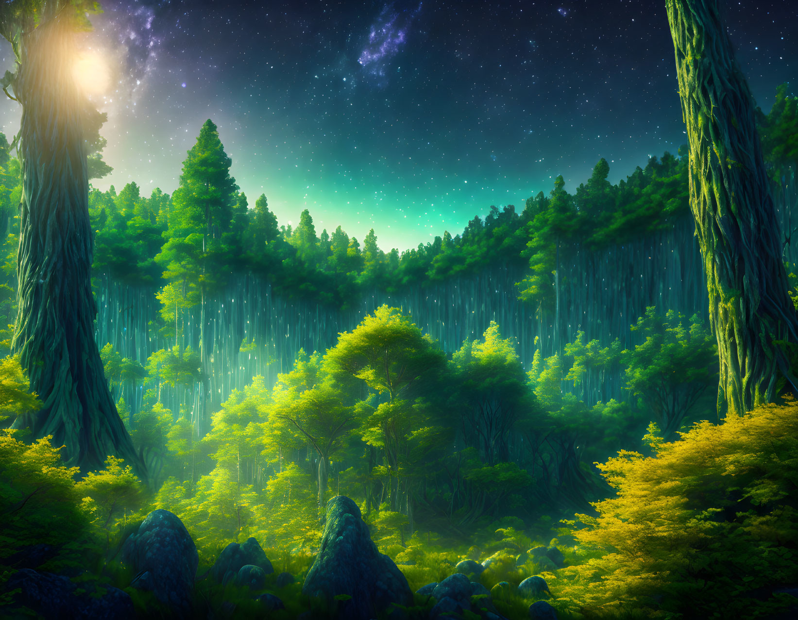 Tranquil forest glade with towering trees and starry sky.