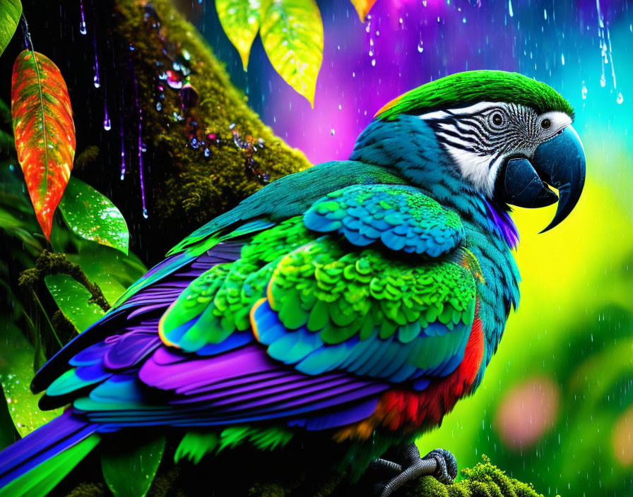 Colorful Macaw in Lush Jungle with Water Droplets