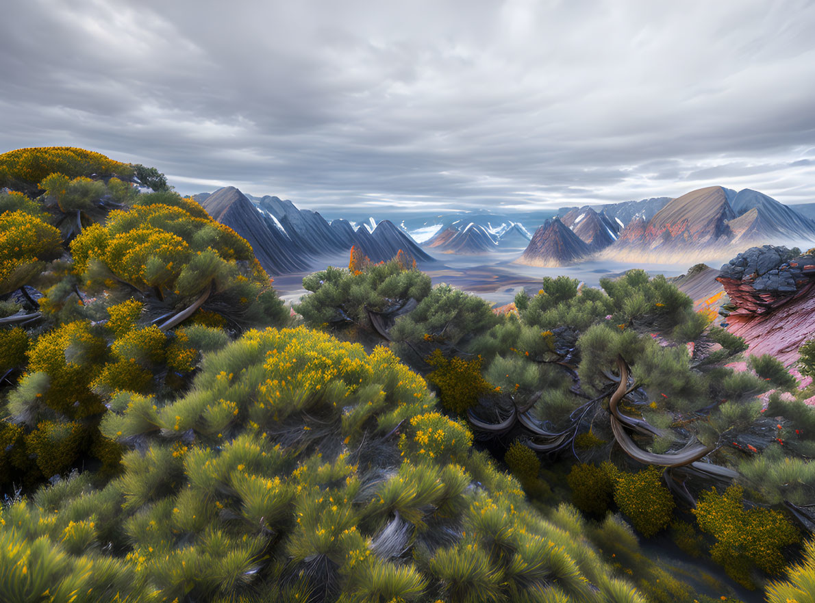 Vibrant yellow-green foliage with majestic mountains under dramatic sky