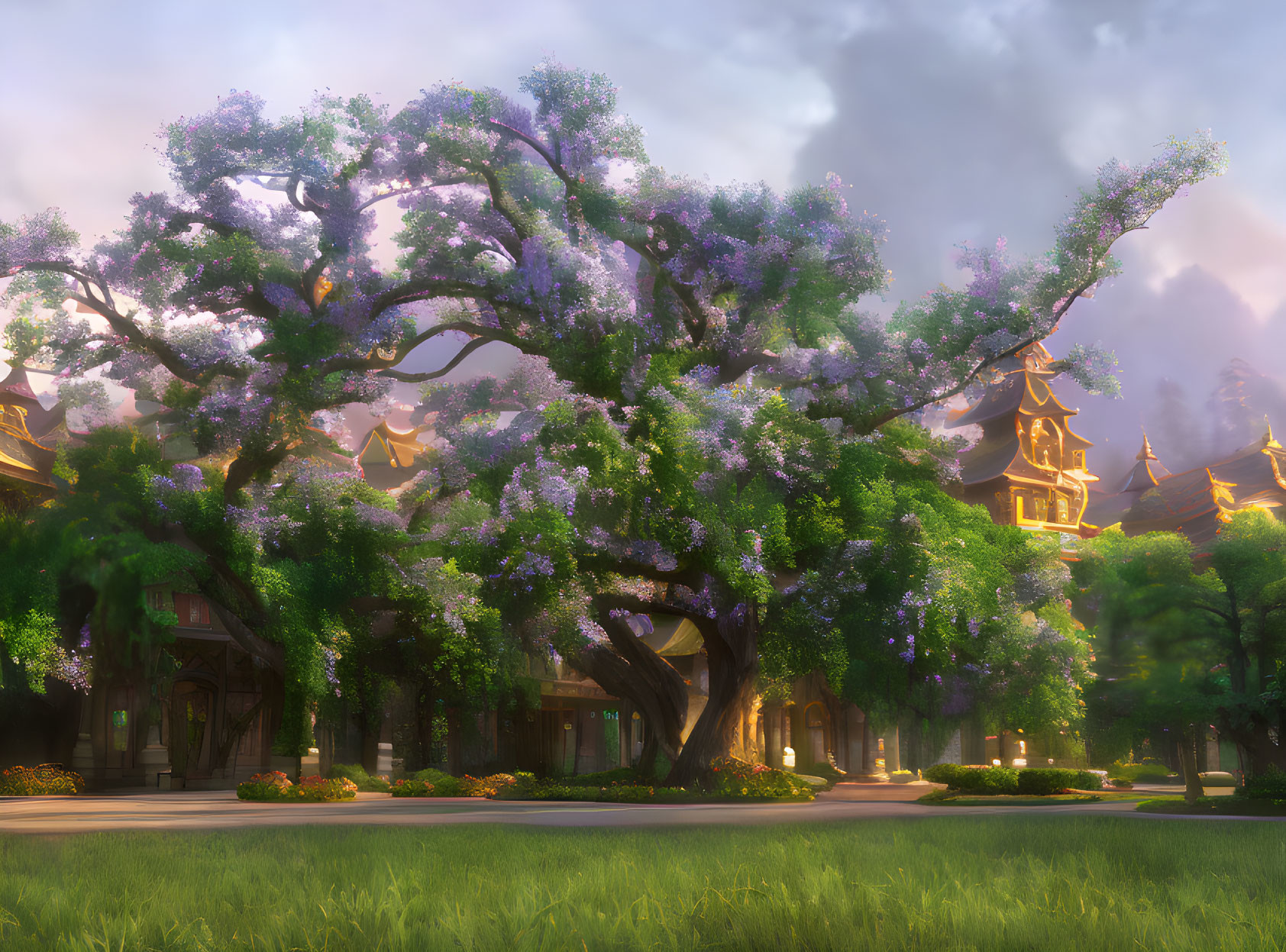 Majestic tree with purple blossoms in tranquil garden with traditional-style buildings.