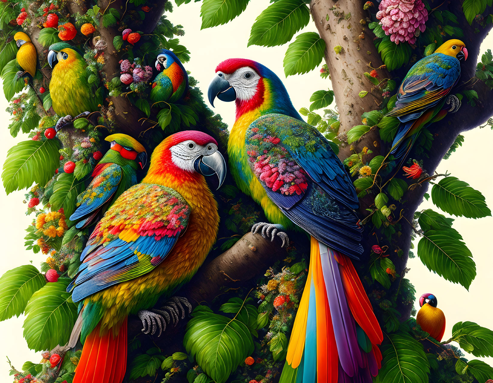 Colorful parrots perched on tree branches in lush green foliage