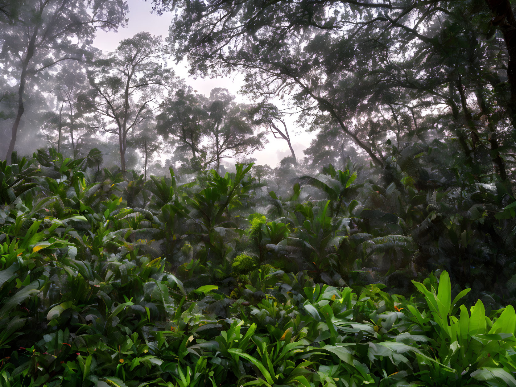 Misty forest scene with towering trees and dense underbrush