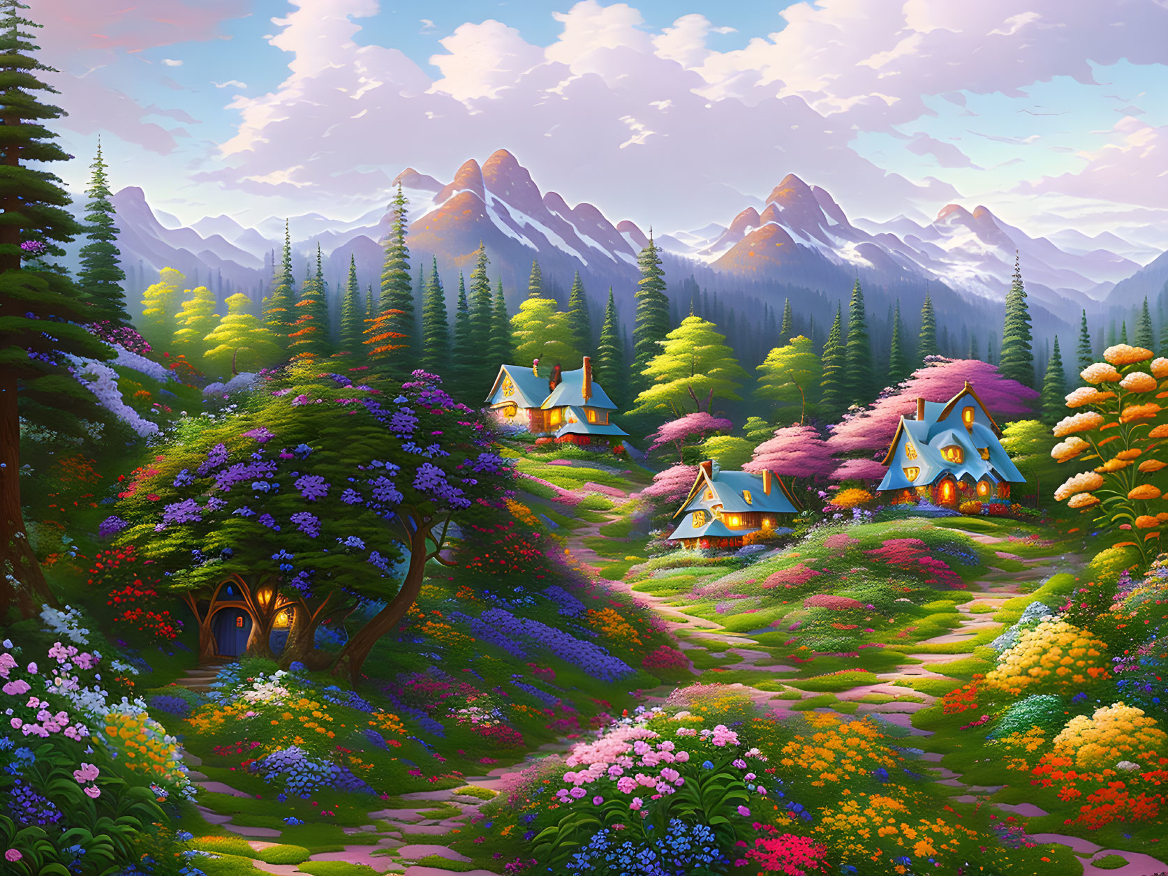 Colorful landscape with cottages, flower-covered hills, mountains, and forest