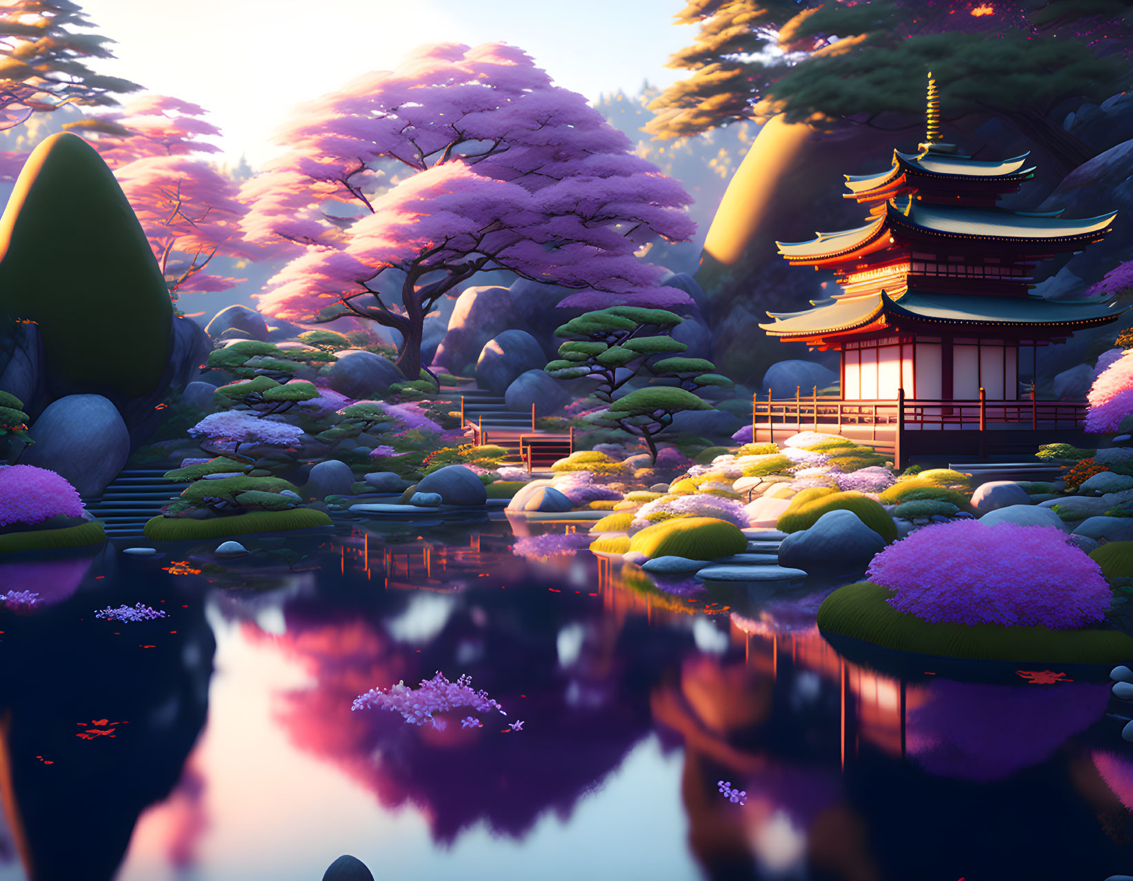 Japanese Garden at Dusk with Cherry Blossoms, Pagoda, Rocks & Pond