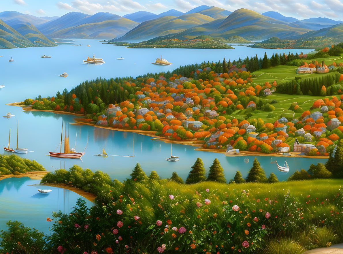 Colorful Autumn Landscape Painting with Lake, Boats, Hills & Mountains