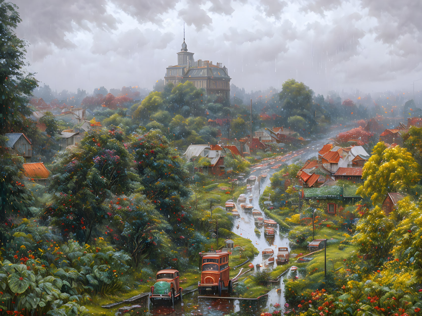 Scenic village in rain with red roofs, greenery, vintage cars, and hilltop building