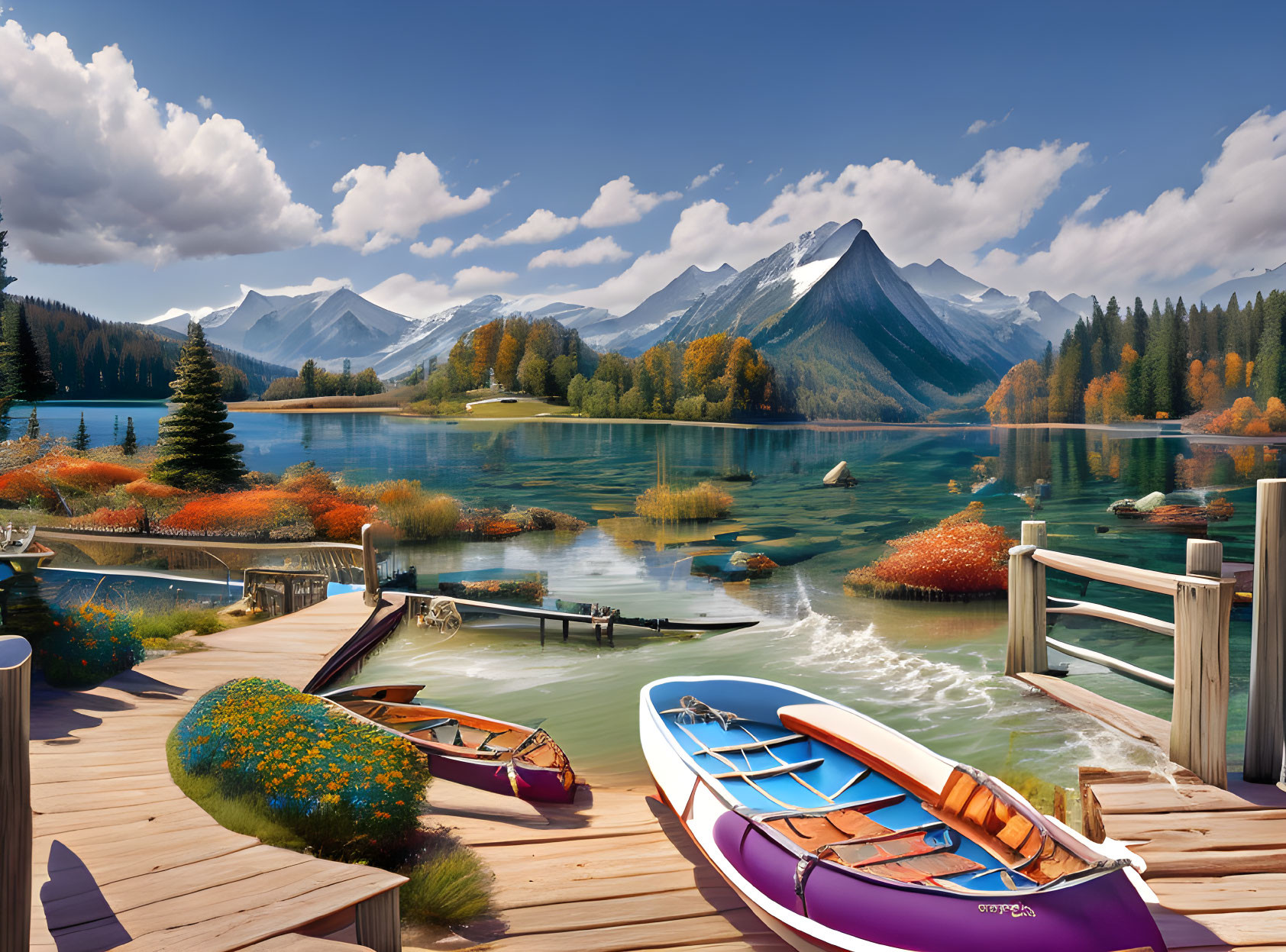 Tranquil mountain lake scene with colorful canoes on wooden dock