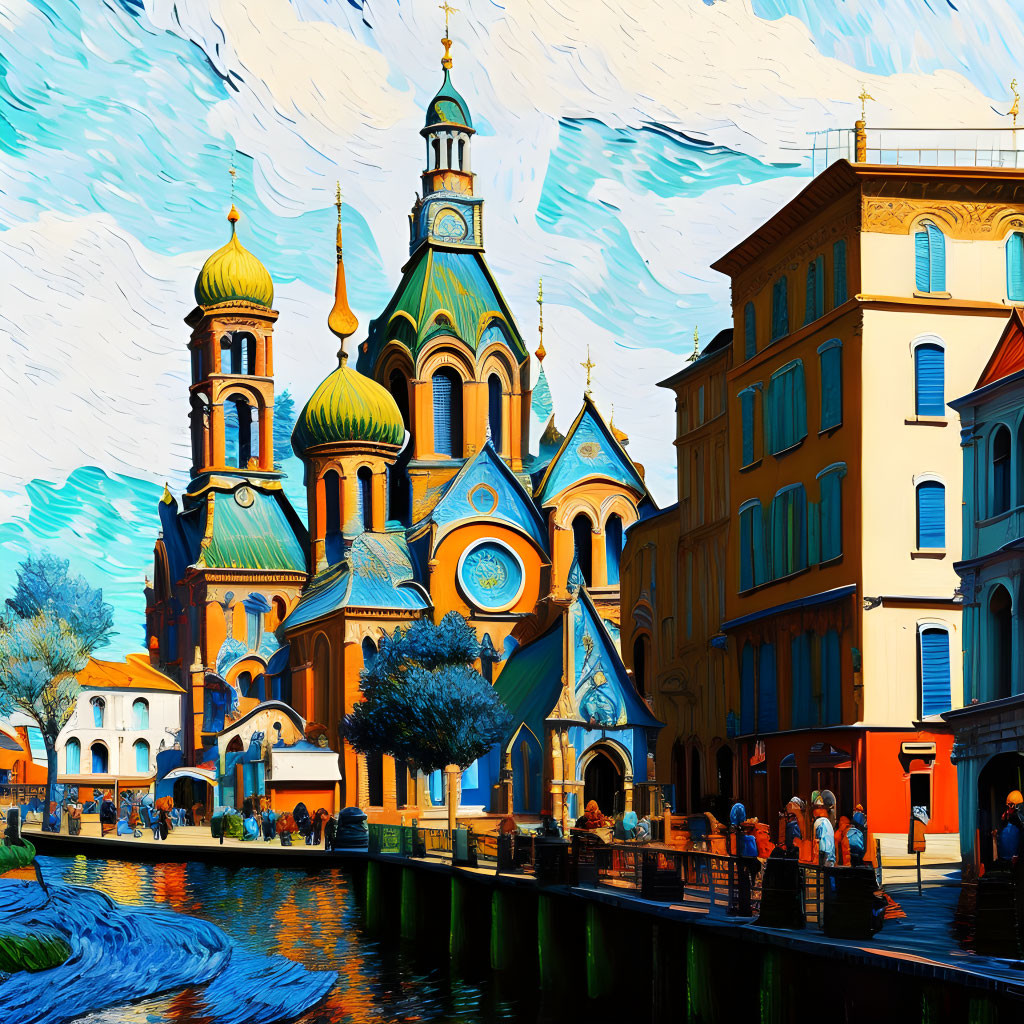 Colorful Cathedral with Onion Domes by a Canal