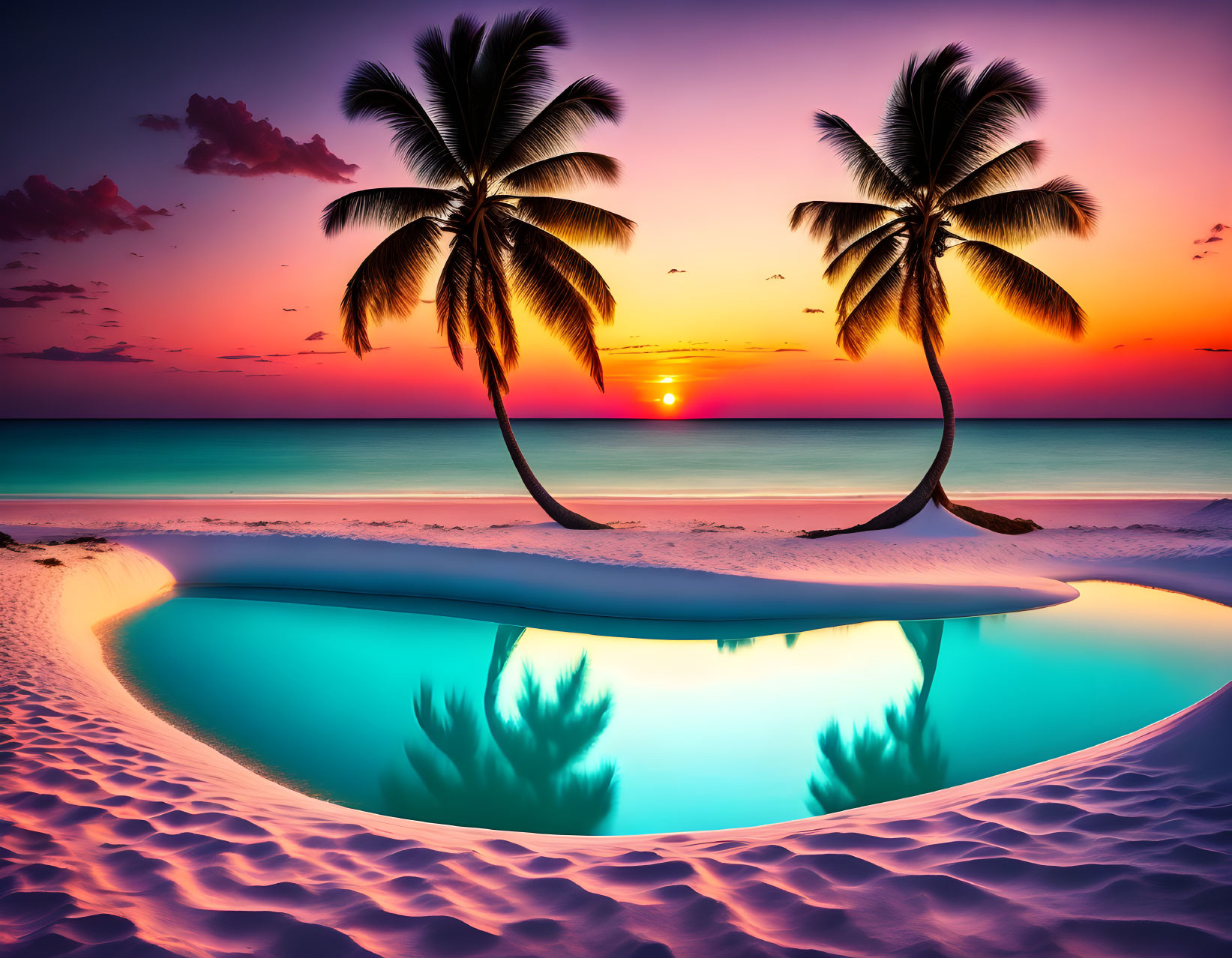 Serene beach sunset with palm tree silhouettes