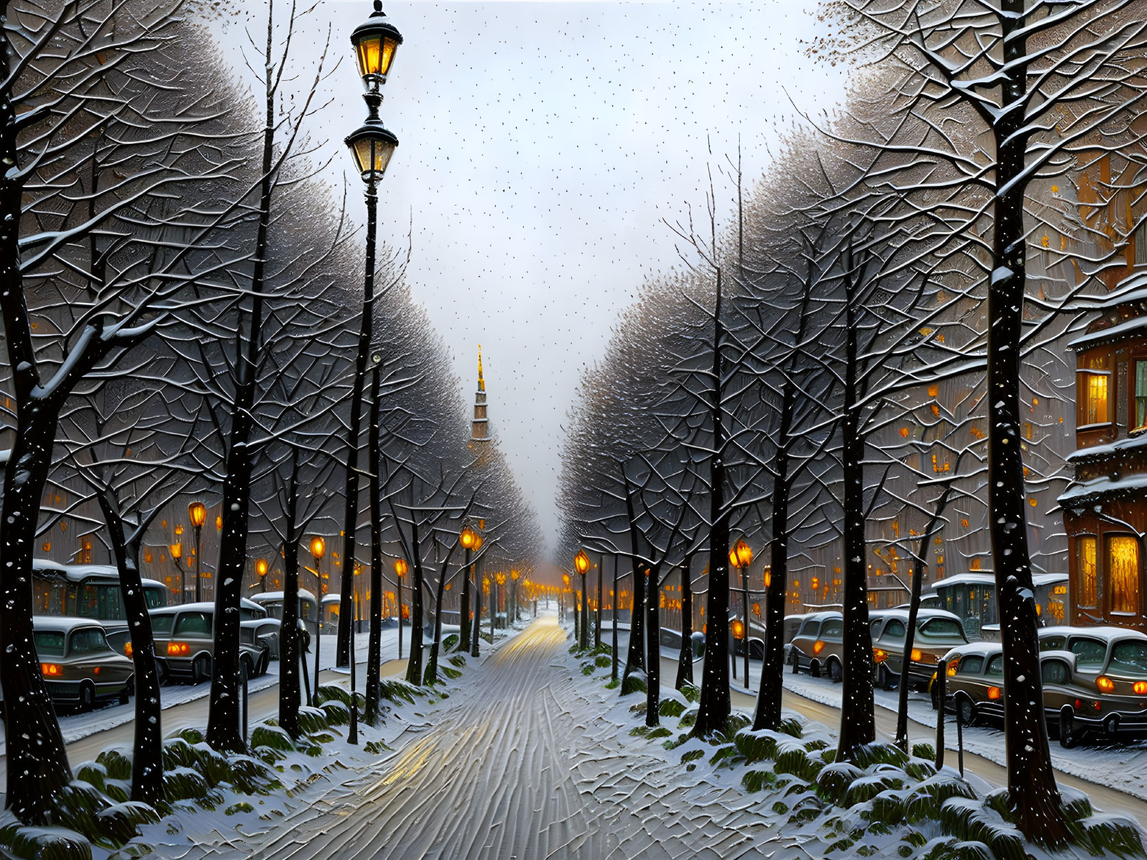 Snow-covered street with vintage lampposts and parked cars in serene winter scene