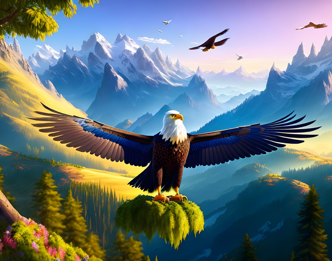 Bald eagle spreading wings over forested peak