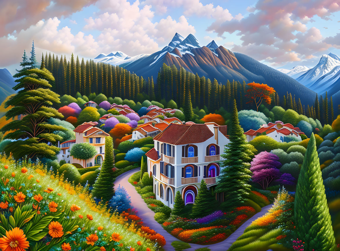 Vibrant landscape with village, flora, forests, and mountains