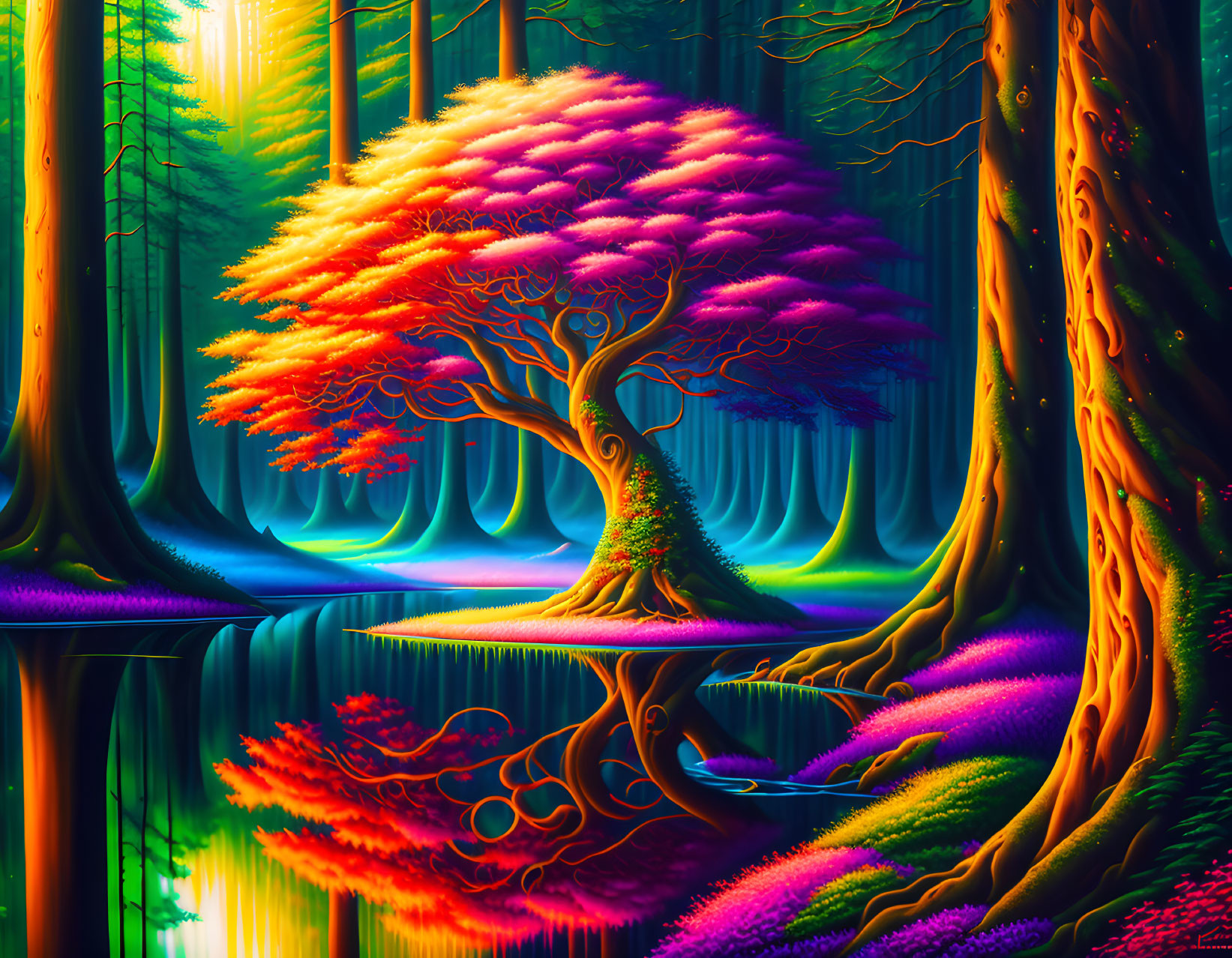 Vibrant colorful forest with luminous pink tree and glowing flora