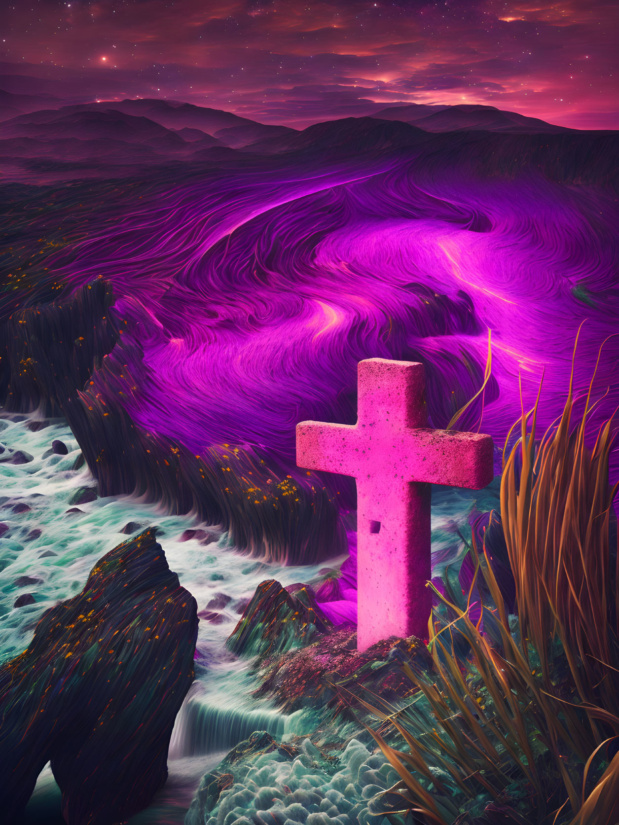 Vibrant digital art: Glowing pink cross in surreal landscape