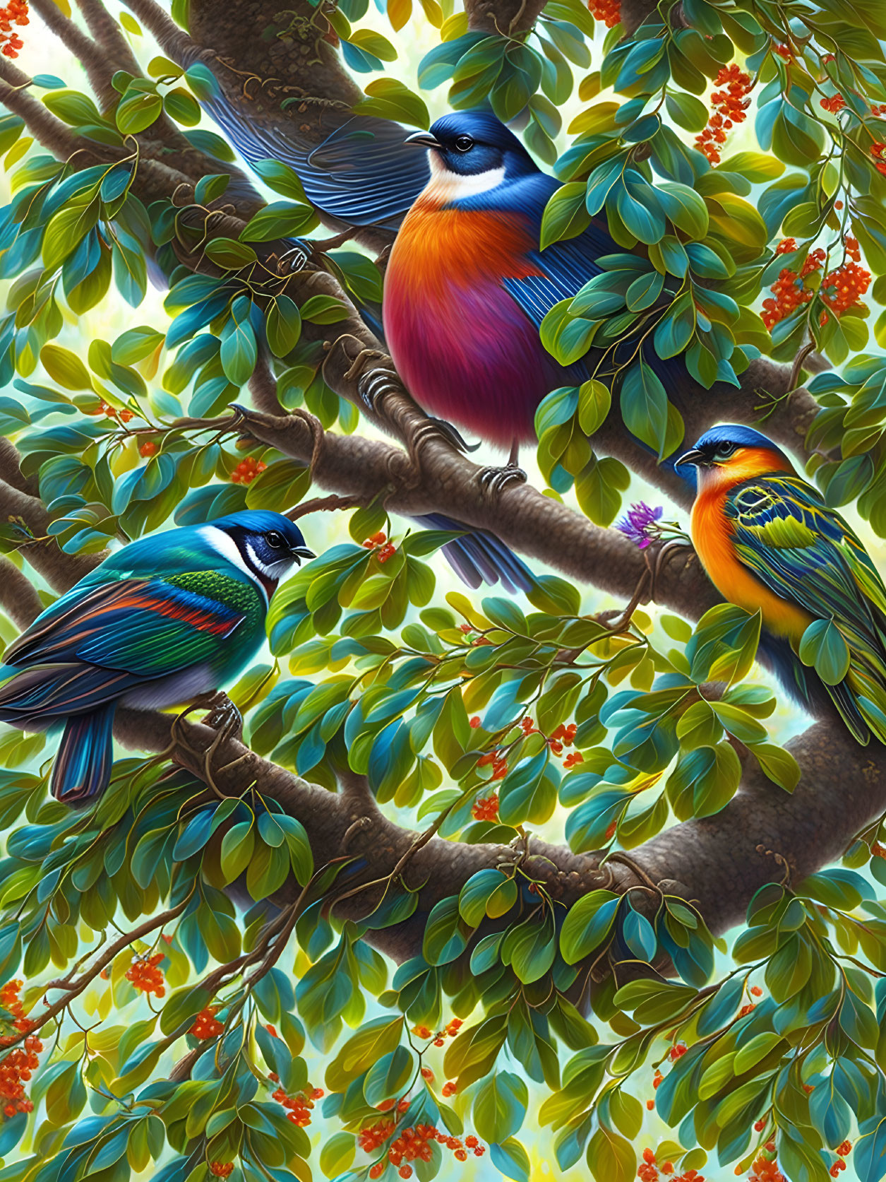 Colorful Birds Perched on Tree Branches with Green Leaves and Red Berries