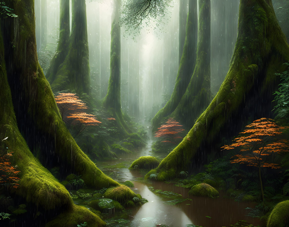 Misty enchanted forest with towering trees, serene stream, and red-leafed saplings