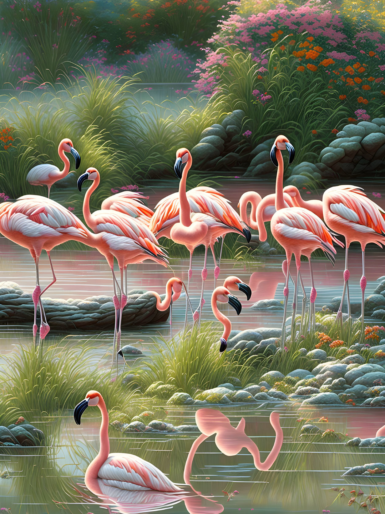 Graceful Flamingos in Serene Water Landscape